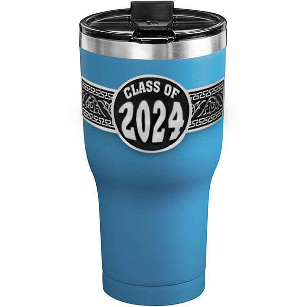 A customized tumbler made of stainless steel with a personalized engraved Class of 2024 lettering, 30 oz, ideal for coffee or cool drinks